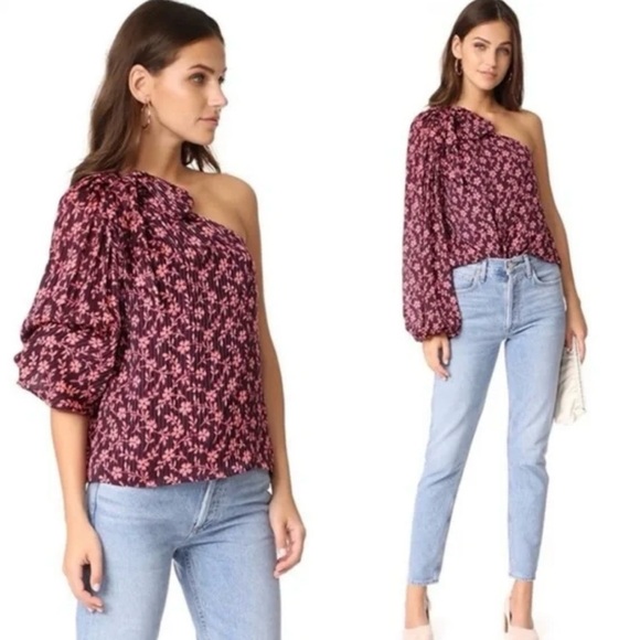 Ulla Johnson Enid Purple One Shoulder Blouse with Bow Cottagecore Prairie Silk - Picture 2 of 11